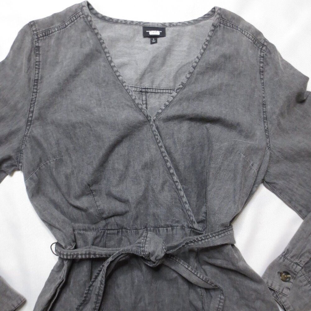 WHO WHAT WEAR womens DRESS black ACID WASH faded WRAP mini LONG SLEEVE SIZE L - Picture 7 of 13